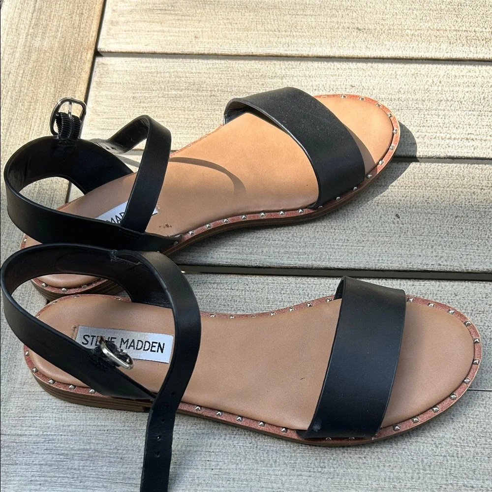 Steve Madden Black and Tan Studded Ankle Strap Sandals - Picture 2 of 4